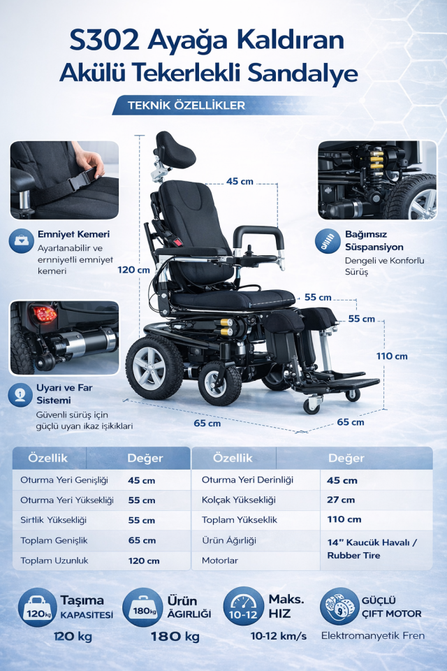 Scuba S302 Ayağa Kaldıran Akülü Tekerlekli Sandalye