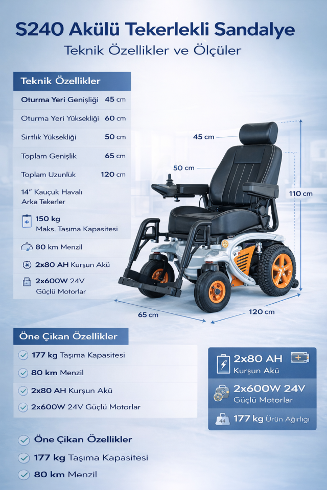 Scuba S240 Multi Fonksiyonel Akülü Tekerlekli Sandalye