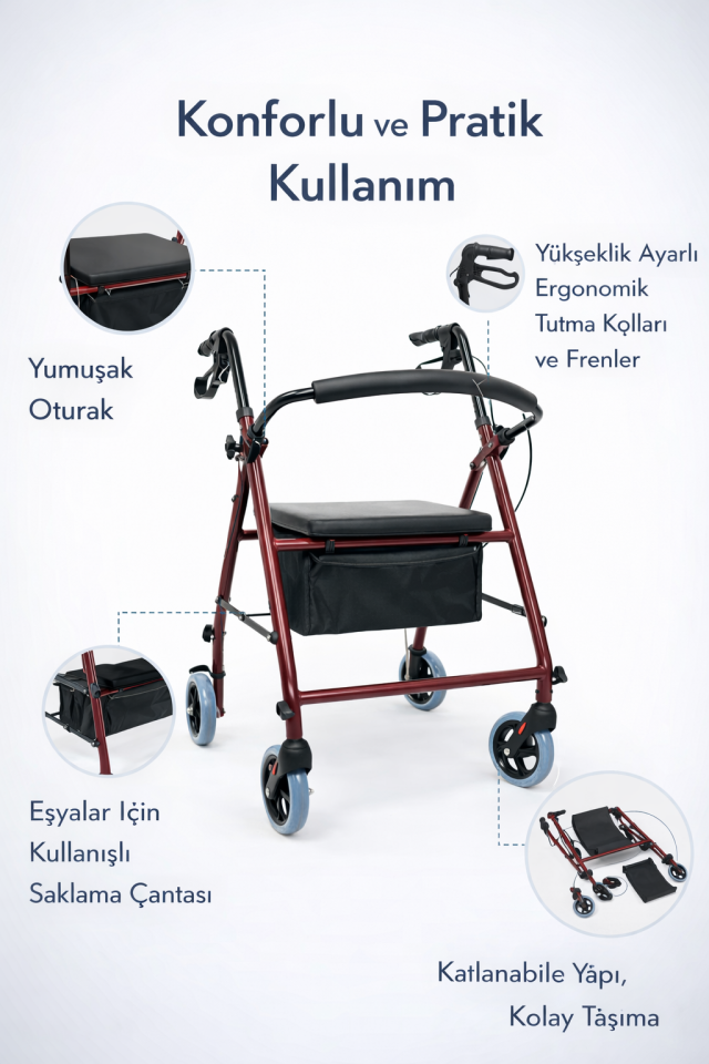 PR-880 Katlanır Alüminyum Çantalı  Rollatör Yürüteç