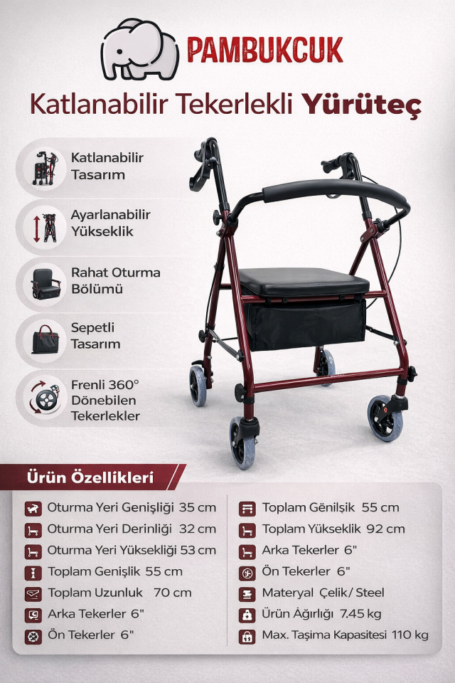 PR-880 Katlanır Alüminyum Çantalı  Rollatör Yürüteç