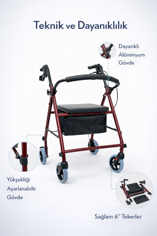 PR-880 Katlanır Alüminyum Çantalı  Rollatör Yürüteç