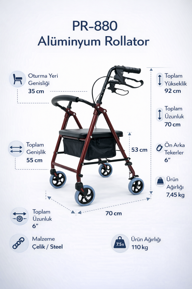 PR-880 Katlanır Alüminyum Çantalı  Rollatör Yürüteç