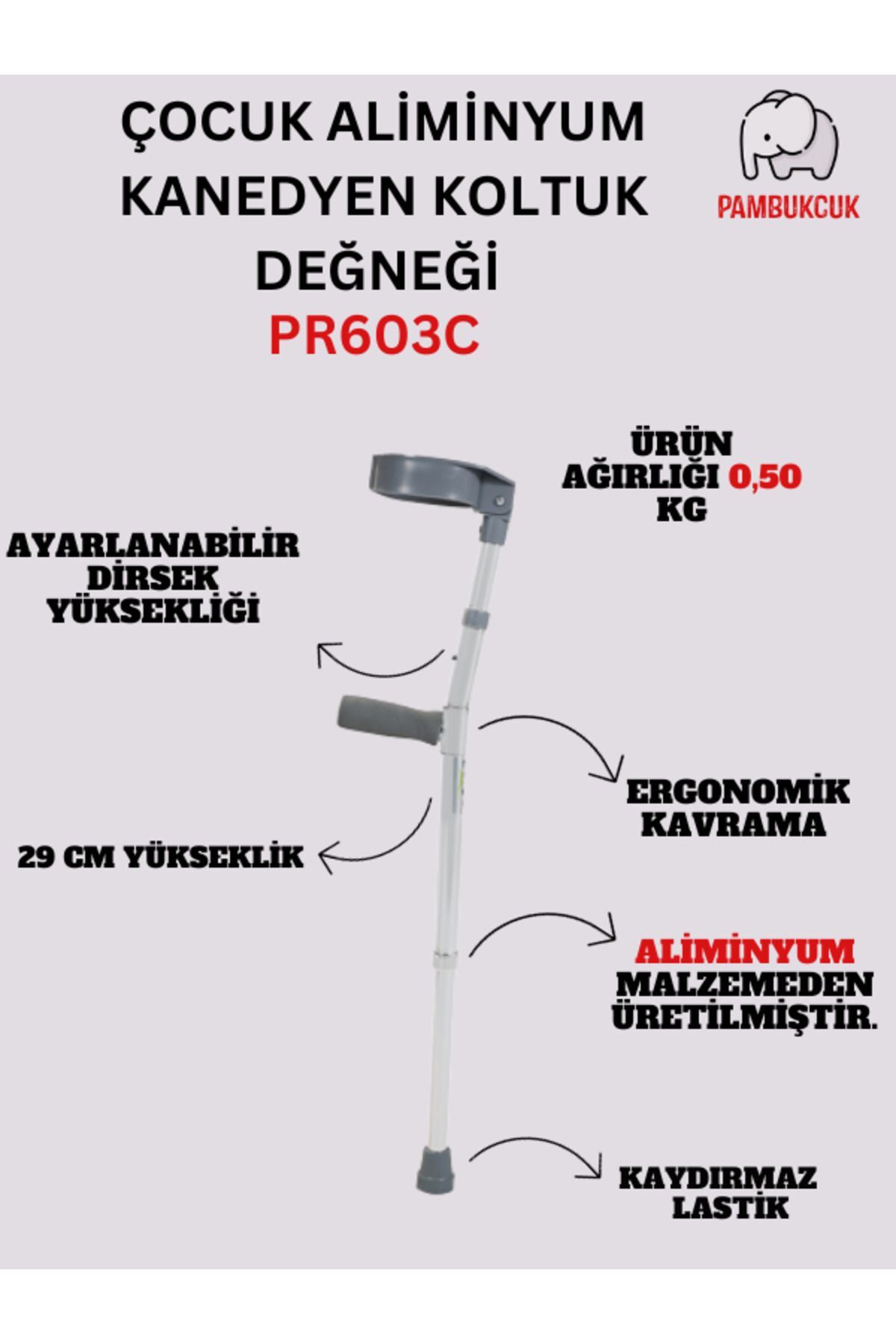 Gri Renk Aliminyum Çocuk Kanedyen Koltuk Değneği PR603C