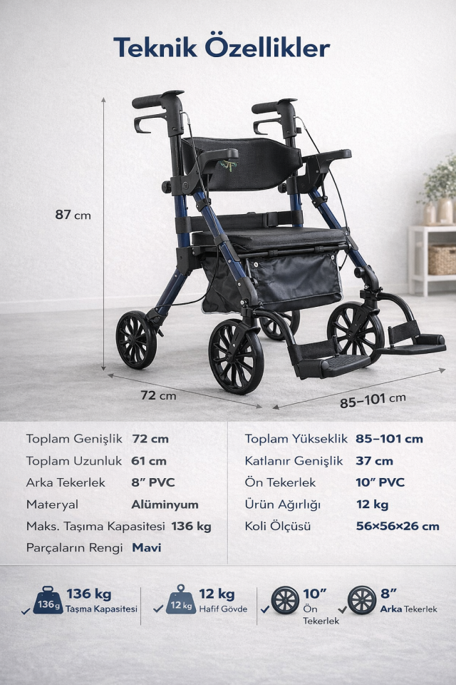Wheelatör Alüminyum Rolatör Walker Yürüteç PR-898