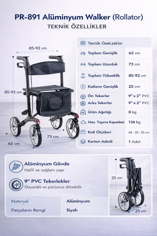 Alüminyum Walker Rolatör Yürüteç PR-891