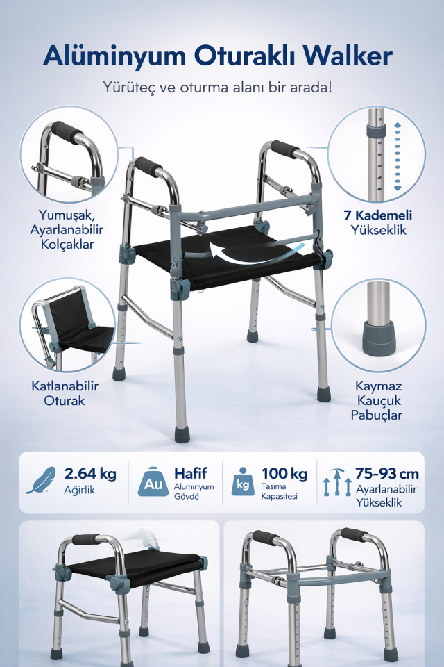 Alüminyum Oturaklı Walker / Oturaklı Yürüteç PR-449