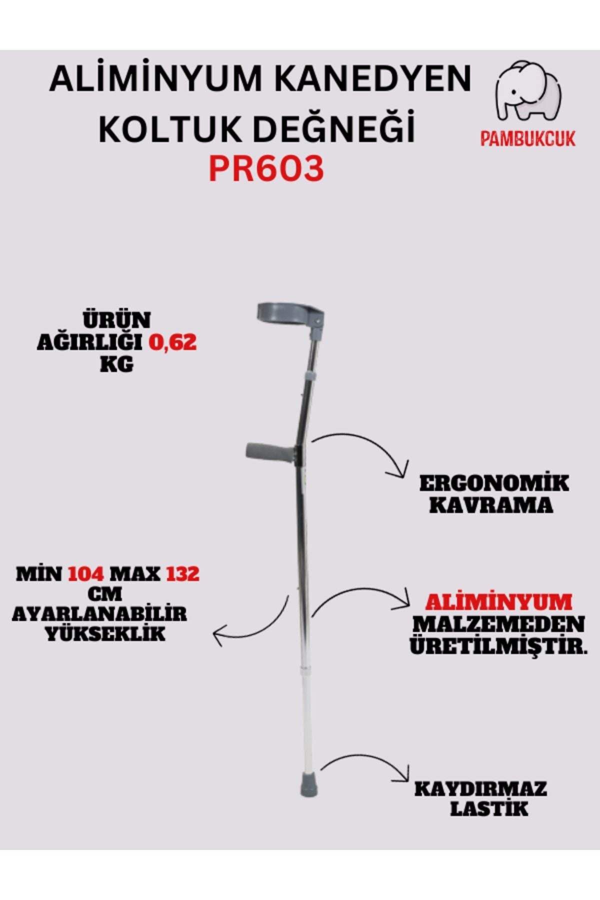 Gri Renk Aliminyum Kanedyen Koltuk Değneği PR-603
