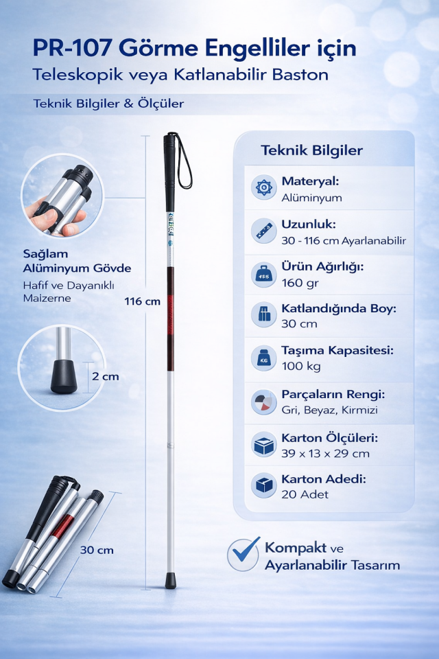 PR-107 Görme Engelliler için Teleskopik veya Katlanabilir Baston