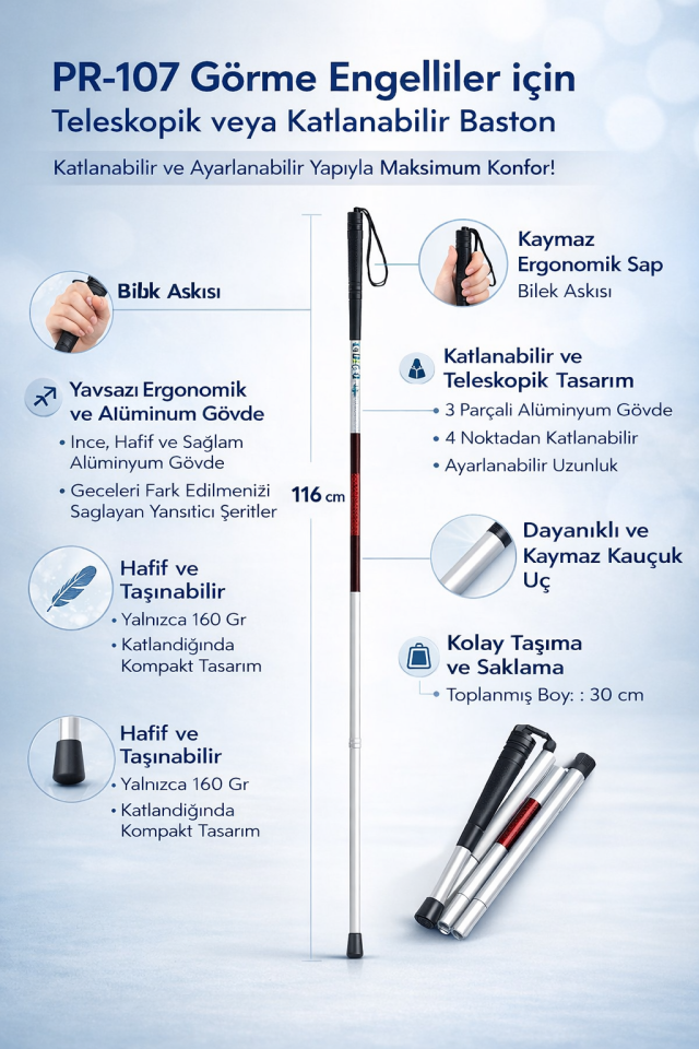 PR-107 Görme Engelliler için Teleskopik veya Katlanabilir Baston