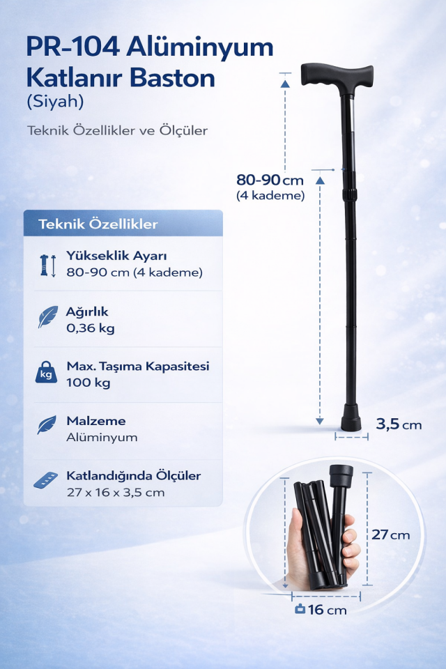 PR-104 Alüminyum Katlanır Baston (Siyah)
