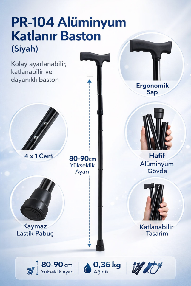 PR-104 Alüminyum Katlanır Baston (Siyah)