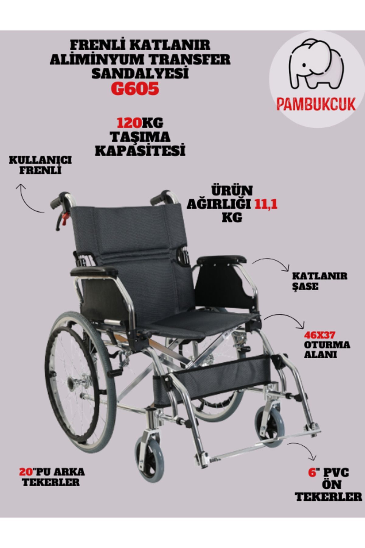 Golfi  G605 Frenli Alüminyum Refakatçi  Frenli Transfer Sandalyesi Sandalyesi