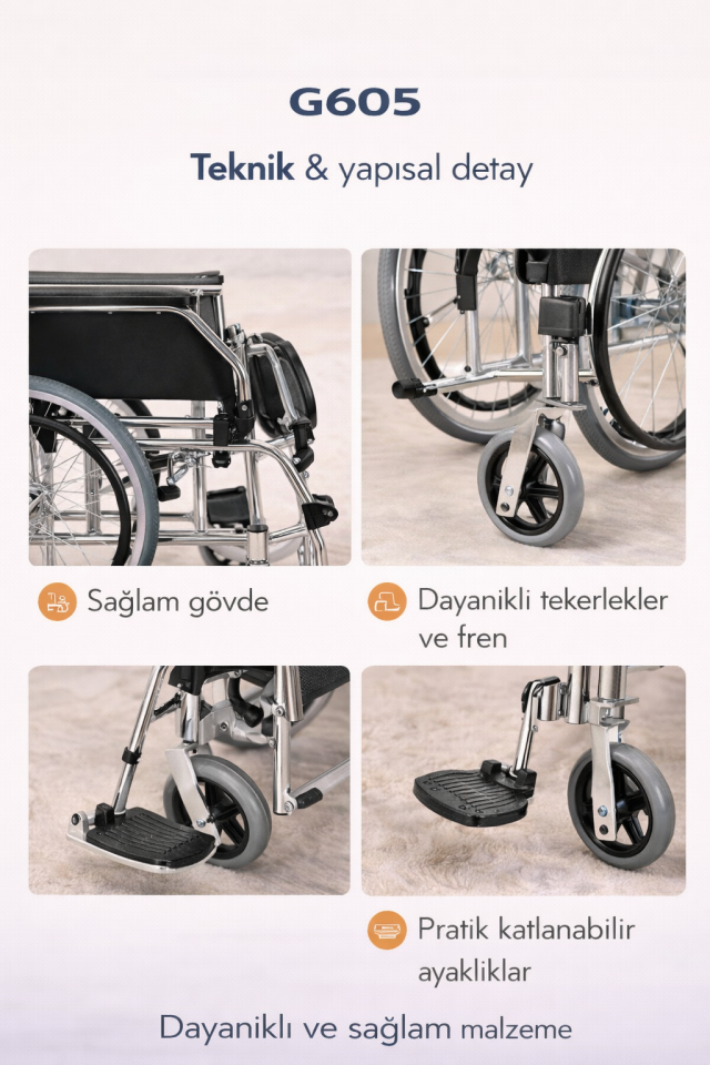 Golfi  G605 Frenli Alüminyum Refakatçi  Frenli Transfer Sandalyesi Sandalyesi