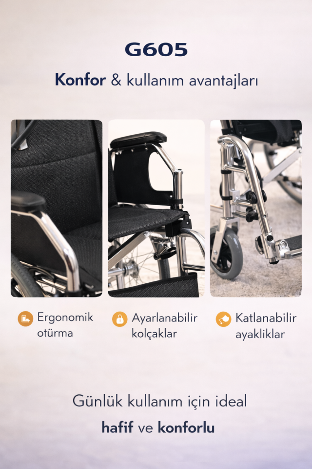 Golfi  G605 Frenli Alüminyum Refakatçi  Frenli Transfer Sandalyesi Sandalyesi