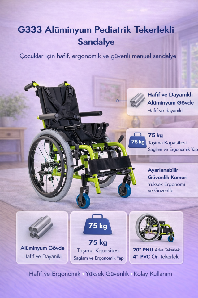 Golfi G333 Pediatrik (Çocuk) Alüminyum Multi-Fonksiyonel Tekerlekli Sandalye