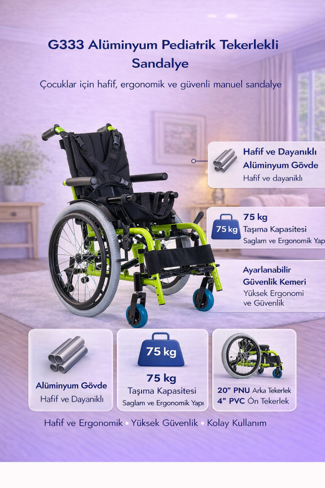 Golfi G333 Pediatrik (Çocuk) Alüminyum Multi-Fonksiyonel Tekerlekli Sandalye