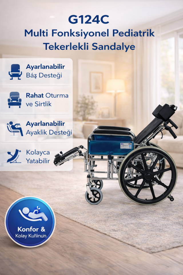 Golfi G124C Özellikli Multi Fonksiyonel Pediatrik (Çocuk) Tekerlekli Sandalye