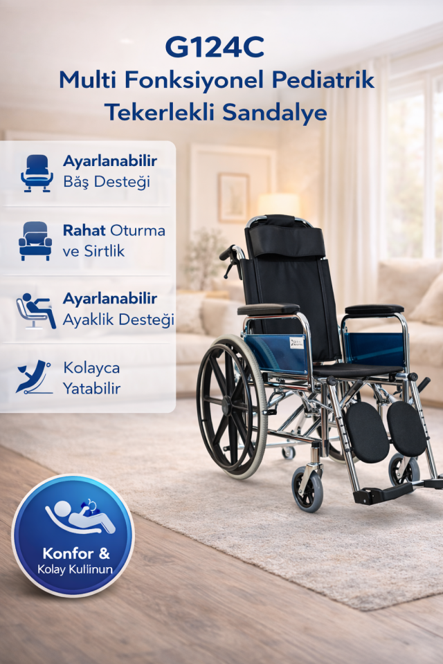 Golfi G124C Özellikli Multi Fonksiyonel Pediatrik (Çocuk) Tekerlekli Sandalye