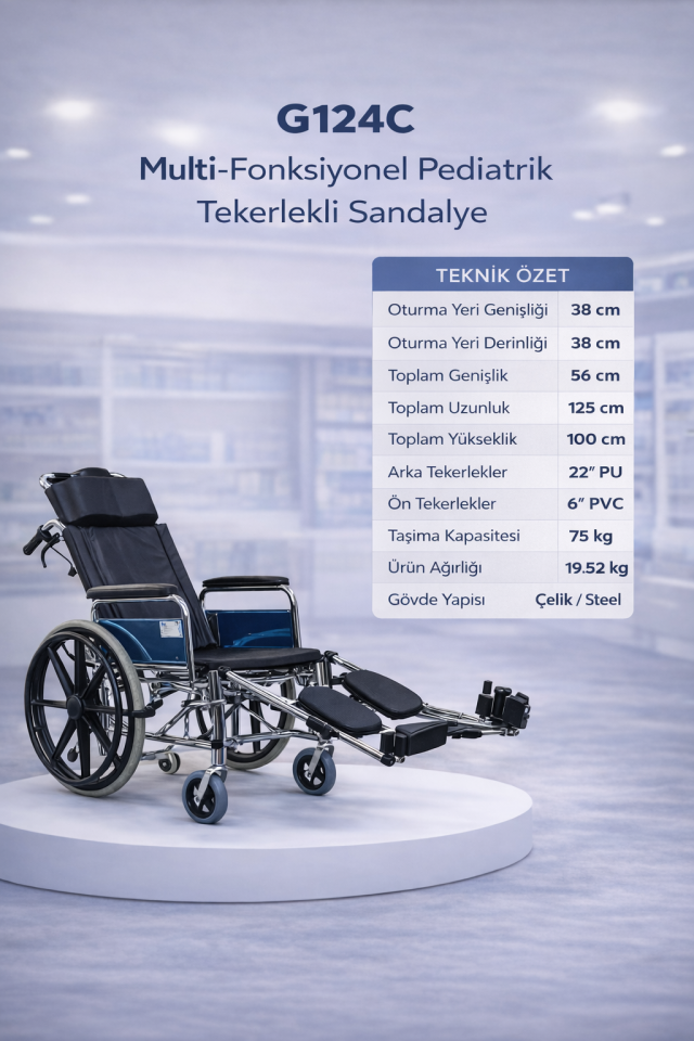 Golfi G124C Özellikli Multi Fonksiyonel Pediatrik (Çocuk) Tekerlekli Sandalye