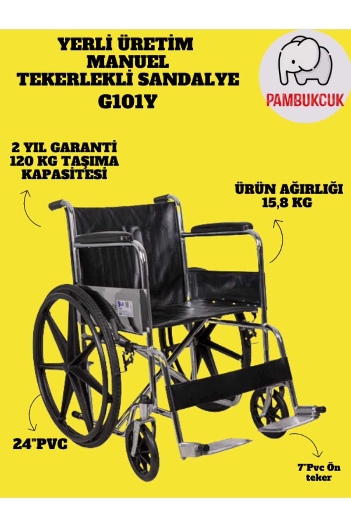 Yerli Üretim Standart Manuel Tekerlekli Sandalye G101Y Deri Kumaş