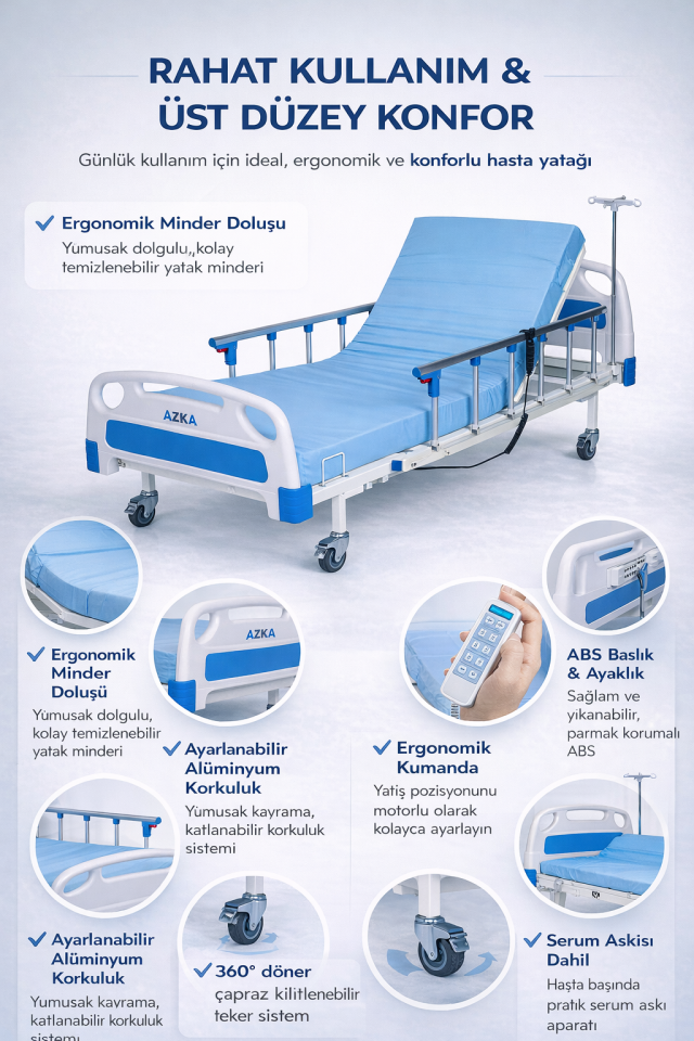 AZKA DE03 Dual Motorlu Alümi̇nyum Korkuluklu Ekonomi̇k Hasta Karyolası