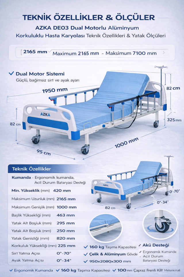 AZKA DE03 Dual Motorlu Alümi̇nyum Korkuluklu Ekonomi̇k Hasta Karyolası