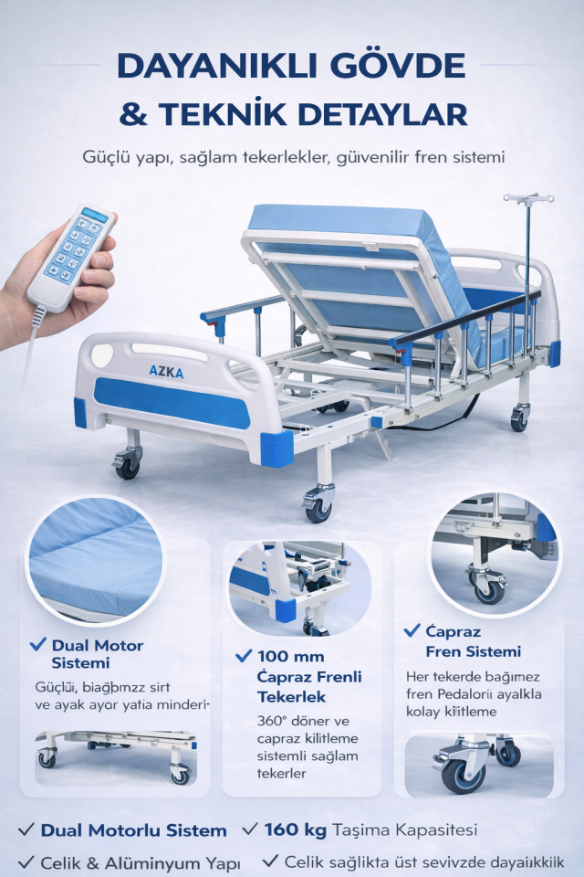 AZKA DE03 Dual Motorlu Alümi̇nyum Korkuluklu Ekonomi̇k Hasta Karyolası