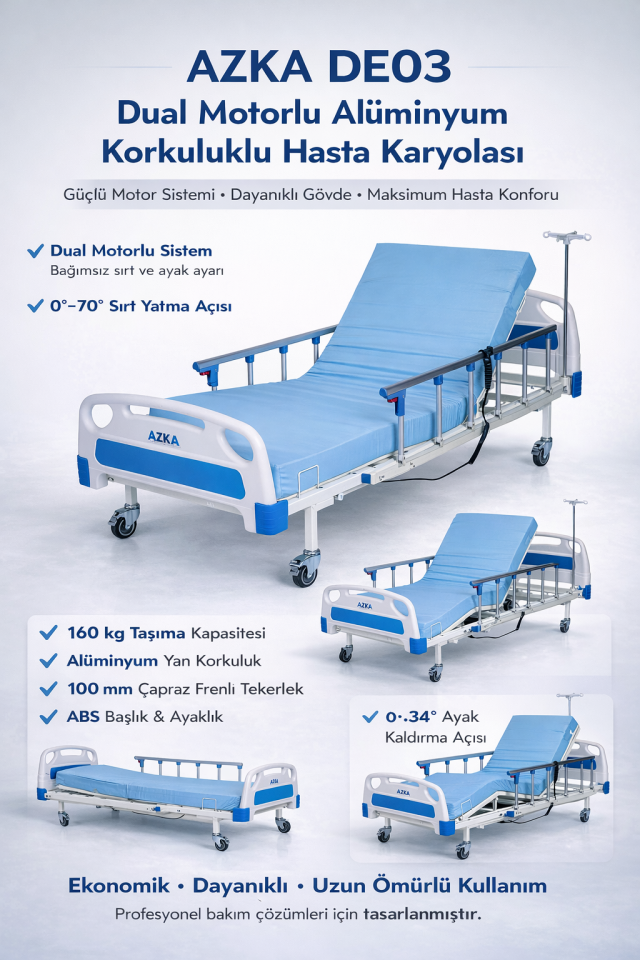 AZKA DE03 Dual Motorlu Alümi̇nyum Korkuluklu Ekonomi̇k Hasta Karyolası