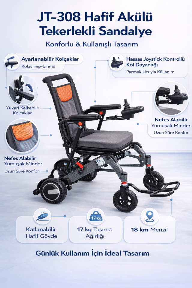 Jetty JT-308 Uzaktan Kumandalı Katlanabilir Hafif Akülü Tekerlekli Sandalye