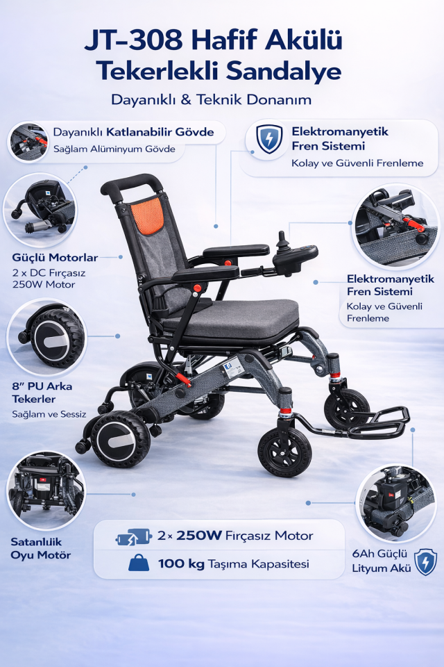 Jetty JT-308 Uzaktan Kumandalı Katlanabilir Hafif Akülü Tekerlekli Sandalye