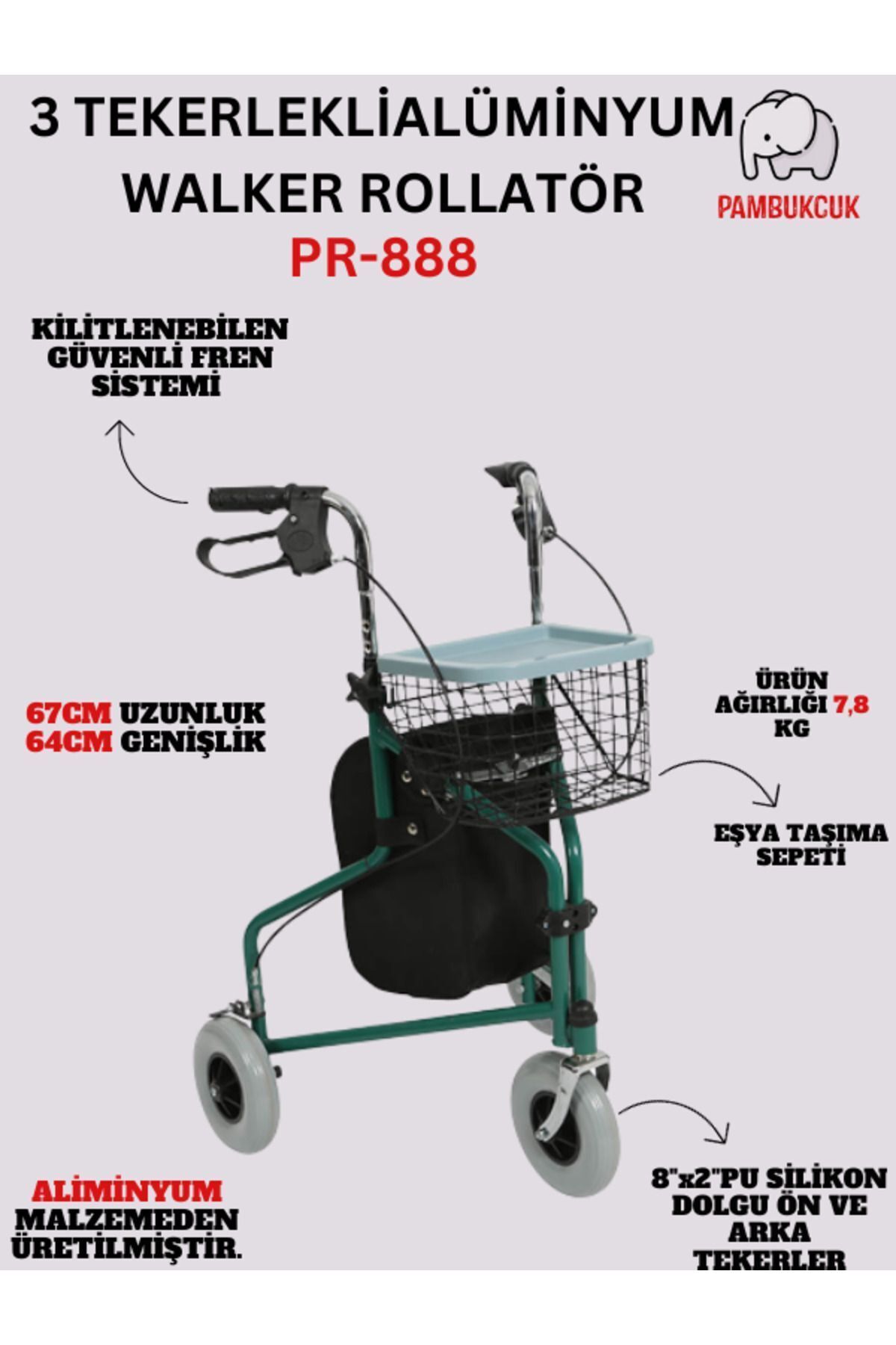 3 Tekerlekli Aliminyum Walker Yürüteç PR-888