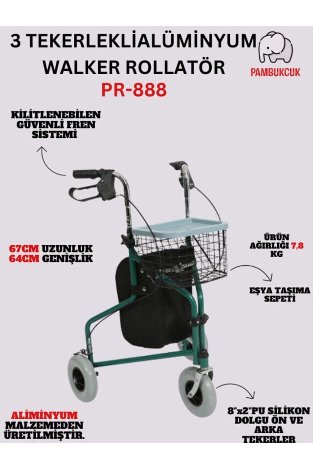 3 Tekerlekli Aliminyum Walker Yürüteç PR-888