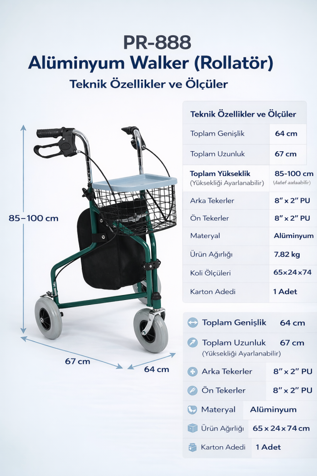 3 Tekerlekli Aliminyum Walker Yürüteç PR-888