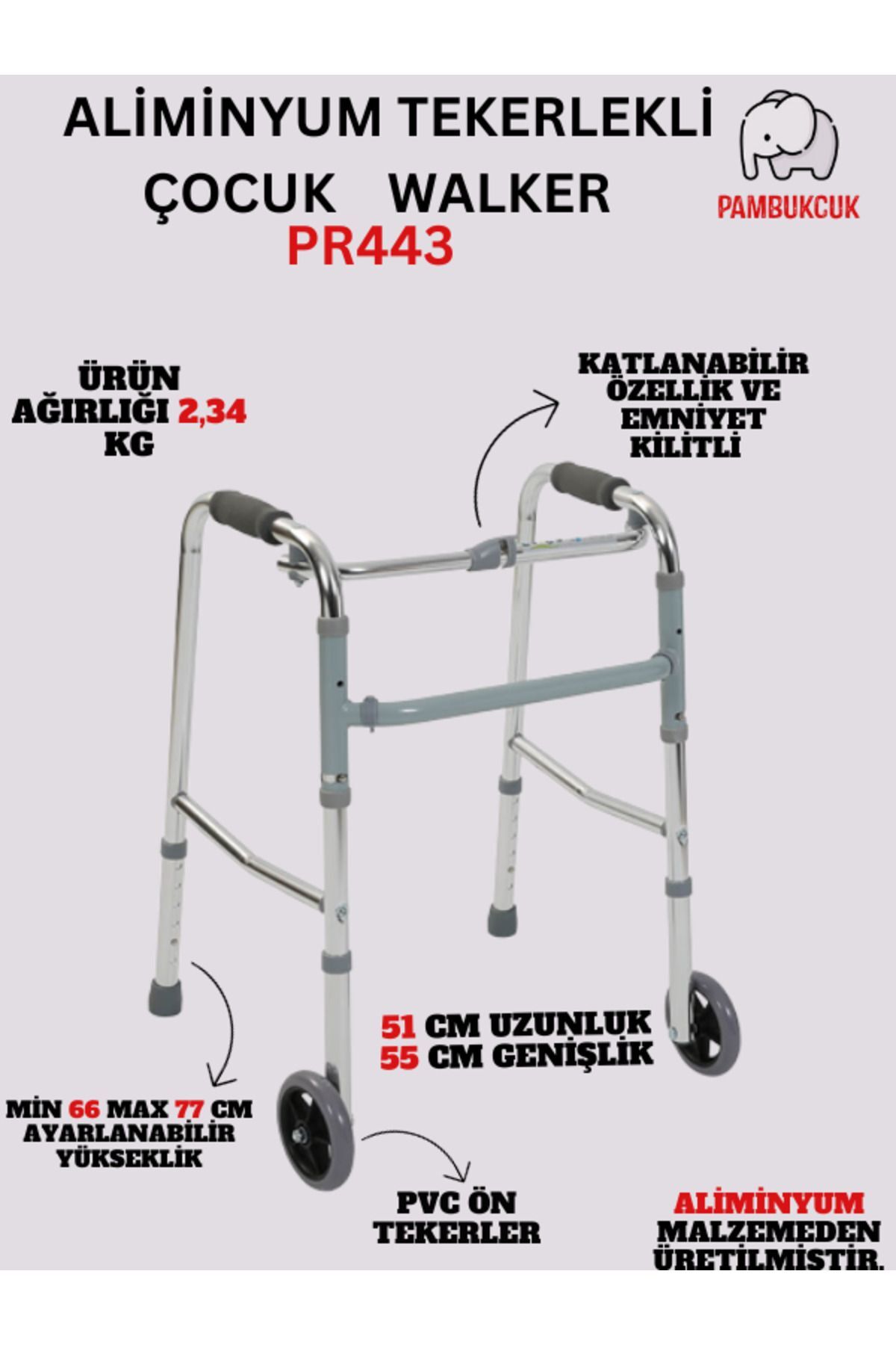 Alüminyum Pediatrik Tekerlekli Walker / Alüminyum Tekerlekli Yürüteç PR-443