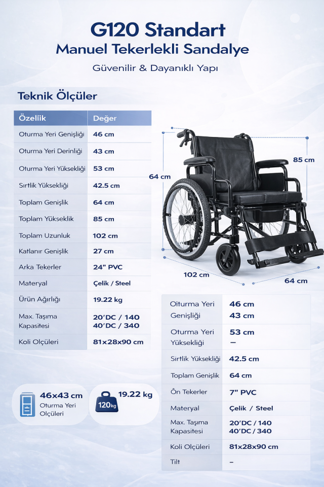 Golfi G120 Standart Manuel Klozetli Tekerlekli Sandalye